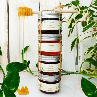 A stack of honey jars with a honey dipper dripping golden honey, surrounded by green leaves.